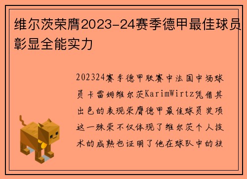 维尔茨荣膺2023-24赛季德甲最佳球员彰显全能实力