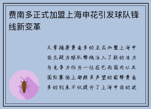 费南多正式加盟上海申花引发球队锋线新变革 费南多正式加盟上海申花引发球队锋线新变革